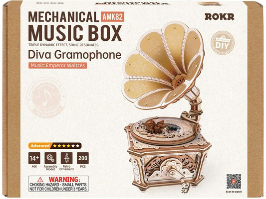 ROKR | Diva Gramophone Musikbox | 200-teiliges Holzmodell mit Musik
