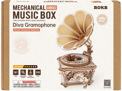 ROKR | Diva Gramophone Musikbox | 200-teiliges Holzmodell mit Musik