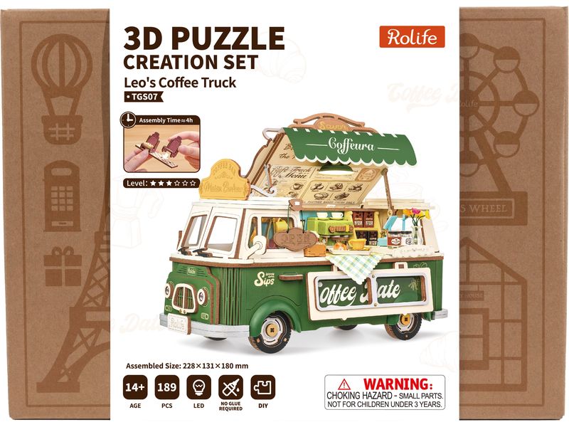 Rolife | Leos Coffee Truck Holzpuzzle | 189-teiliges 3D-Modell mit Beleuchtung