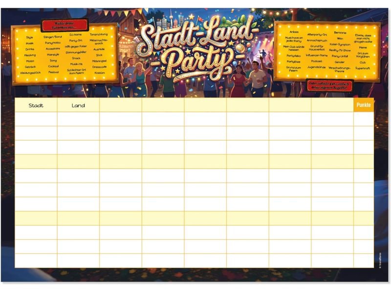 Trendform | Papiertischset STADT-LAND-PARTY | Block mit 50 Blatt
