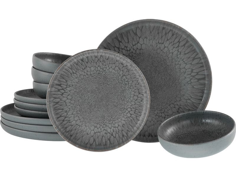 creaTable | Uno Volcano Dark Tellerset | 12-tlg. Steinzeug
