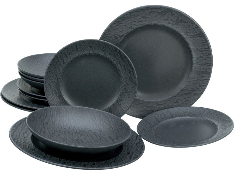 creaTable | Schiefer Black Tellerset | 12-tlg. Steinzeug