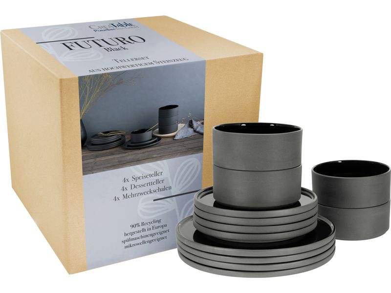creaTable | Futuro Black Tellerset | 12-tlg. Steinzeug