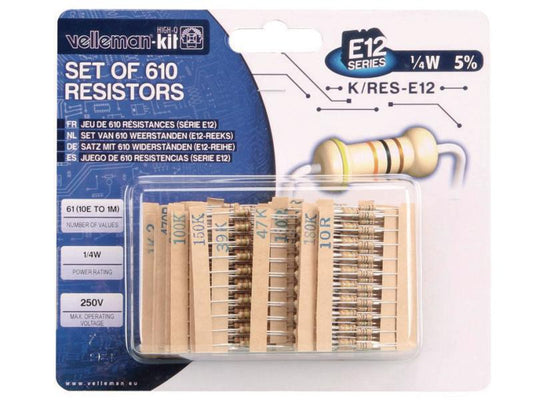 Velleman | K/RESE12 Widerstands Set | Menge: 610 Stück, E12 Reihe, 0.25 Watt