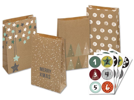 Folia | Adventskalender Papiertüten Nature | 24 Tüten, Zahlensticker, Kordel