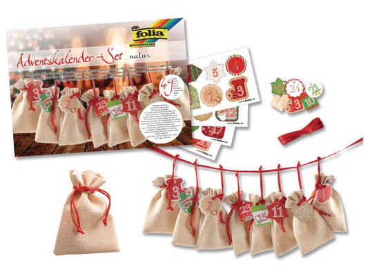 Folia | Adventskalender Jute-Optik | 24 Beutel 10x13cm, 24 Anhänger
