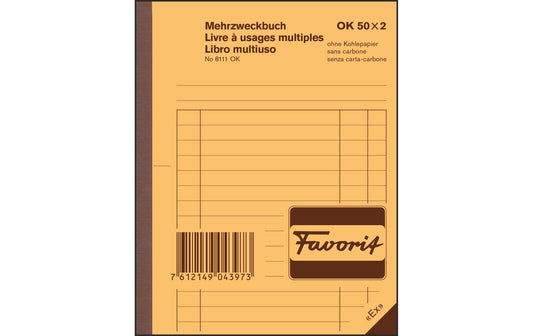 Favorit | Mehrzweckbuch 50x2 Blatt | blau/weiss, D/F/I, 113x144mm