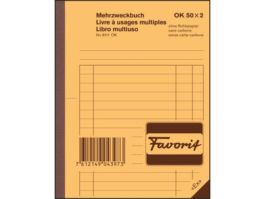 Favorit | Mehrzweckbuch 50x2 Blatt | blau/weiss, D/F/I, 113x144mm