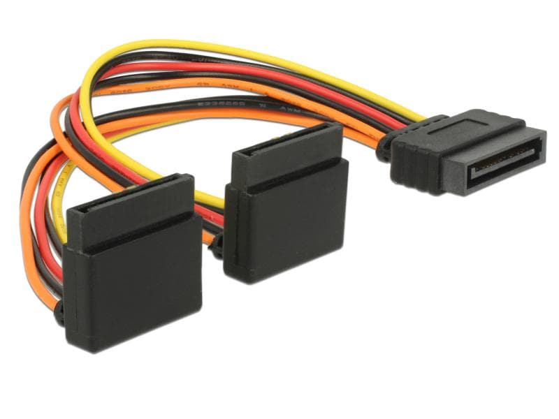 Delock | SATA zu 2x SATA Stromadapter, 90° gewinkelt | 15cm, 3,3, 5 und 12 Volt, Metallclips
