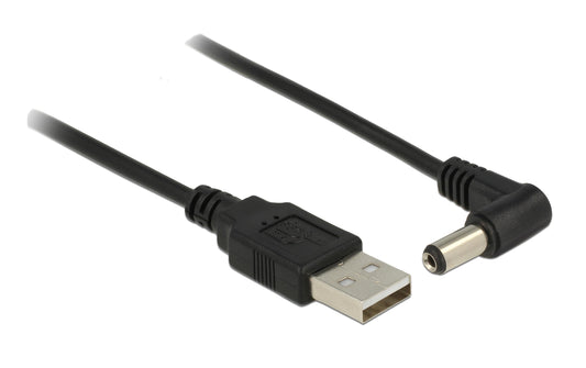 Delock | USB2.0-Stromkabel A-5VOLT, 1.5m, schwarz | Hohlstecker 5.5mm/2.1mm gewinkelt