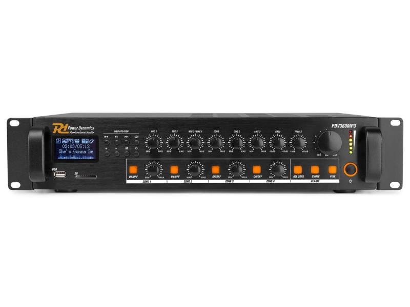 Power Dynamics | PDV360MP3 4-Zonen Mischer | 360W/100V, Bluetooth, FM, SD-Card, USB