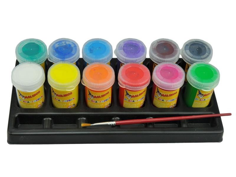 Malinos | Plakatfarben Farbenbus | 12 Farben à 25 ml, inkl. Pinsel