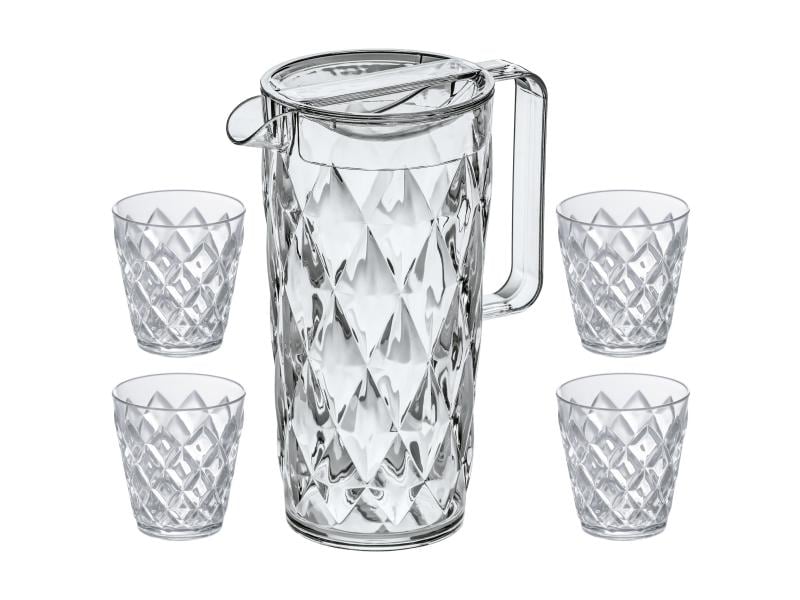 Koziol | Karaffe CRYSTAL mit 4 Becher | Vol 1.6L, H: 24.5cm / Becher: 200ml, H: 9cm