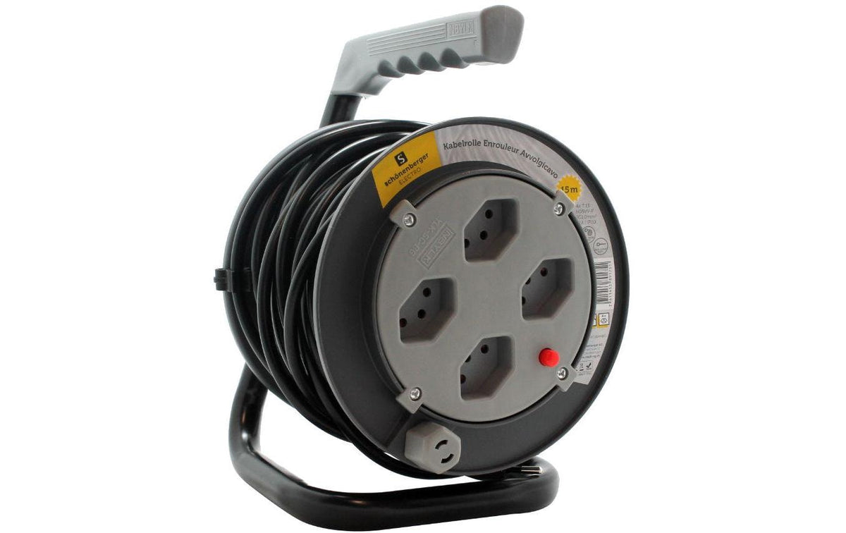 Kabelrolle 15 m, 4x T13 Steckdose, schwarz