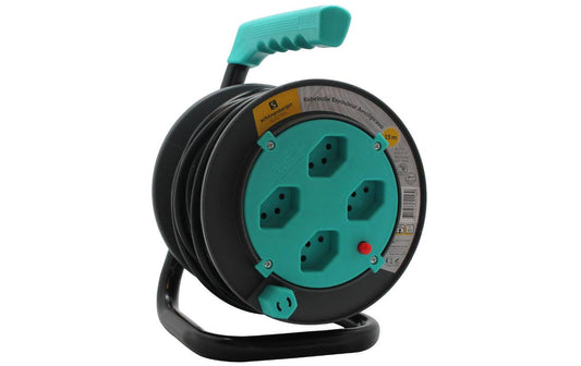Kabelrolle 15 m, 4x T13 Steckdose, türkis